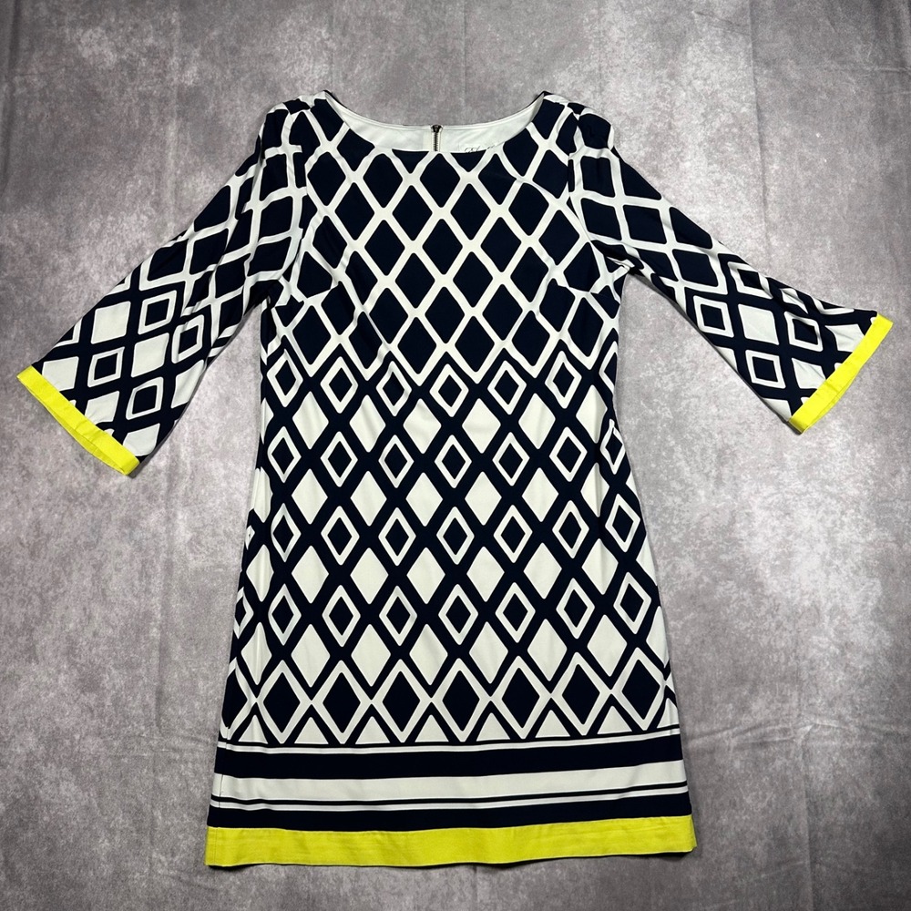 Eliza J‎ Womens 10 Navy White Diamond Print Shift Dress Neon Yellow Trim Mod